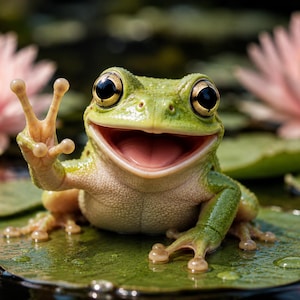 May include: A smiling green frog with big eyes, giving a peace sign with its hand. The frog is on a lily pad, with pink water lilies in the background. The frog's mouth is open, showing its pink tongue.