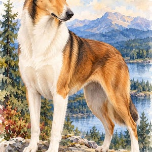 May include: A watercolor painting of a sable and white Rough Collie dog standing on a rocky outcrop. The dog has a long snout, pointed ears, and a thick coat. The background features a blue lake, evergreen trees, and distant mountain peaks.