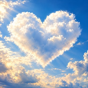 Puede incluir: Una gran nube blanca y esponjosa con forma de corazón centrada en un cielo azul brillante. La luz del sol emana desde la esquina superior izquierda, proyectando un brillo cálido en los bordes de la formación nubosa e iluminando el cielo azul.