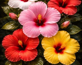 Könnte beinhalten: Nahaufnahme von Hibiskusblüten in verschiedenen Farben. Das Bild zeigt Blüten in Weiß, Rosa, Rot und Gelb, jede mit einem dunkelroten Zentrum und gelben Staubgefäßen. Die Blumen sind vor einem Hintergrund aus grünen Blättern angeordnet.
