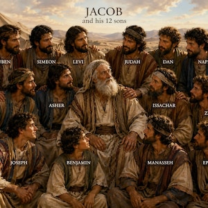 May include: A painting depicting Jacob and his 12 sons. The men are dressed in robes, with Jacob in the center, surrounded by his sons. The text "JACOB and his 12 sons" is at the top of the image. The painting has a warm color palette.