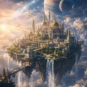Può includere: Un'isola galleggiante con un castello bianco e oro ornato da molteplici torri e cupole, circondato da vegetazione lussureggiante e cascate che si riversano tra le nuvole, sotto un cielo con un grande pianeta e due lune minori.