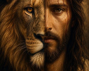 May include: A composite portrait featuring the left side of a lion's face with golden fur and an amber eye, merged with the right side of a man's face wearing a crown of thorns with visible blood streaks, long brown hair, and a light-colored garment.