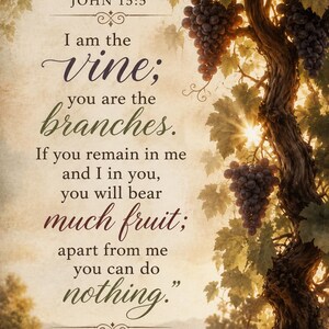 May include: A vertical wall art print featuring a grapevine with dark purple grapes and green leaves against a sunlit landscape. The text reads: JOHN 15:5 I am the vine; you are the branches. If you remain in me and I in you, you will bear much fruit; apart from me you can do nothing.