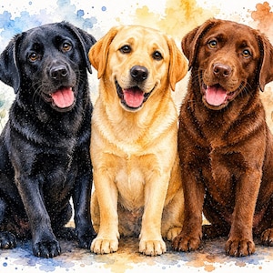 Op de afbeelding: Een aquarelillustratie met drie Labrador Retriever honden die naast elkaar zitten. De honden zijn zwart, geel en chocoladebruin, allemaal met open bekken en roze tongen. De achtergrond heeft zachte blauwe en oranje verfspatten.