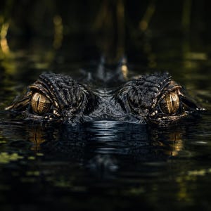 May include: A dark alligator head partially submerged in murky water, showing only the textured, scaly skin and two piercing, golden-brown eyes that reflect light. The creature remains still, with its snout and eyes visible above the surface.