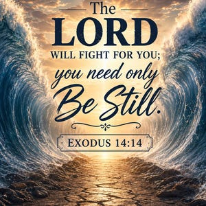 May include: A vertical wall art print featuring a path through parted ocean waves under a sunset sky. The text reads: The LORD WILL FIGHT FOR YOU; you need only Be Still. EXODUS 14:14. The scene depicts a dry, cracked earth path between two towering walls of blue water.