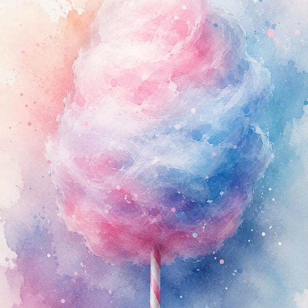 Peut inclure: Une barbe à papa duveteuse présentant un mélange vibrant de teintes roses et bleues, présentée sur un bâton en papier rayé blanc et rose. La texture semble douce et aérienne, sur un fond de style aquarelle aux couleurs pastel douces.