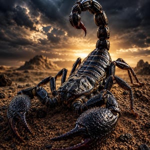 May include: A large, dark-colored scorpion with a segmented body, two prominent pincers, and a curved tail ending in a stinger. The creature features a textured, chitinous exoskeleton with deep black and brown tones, positioned on a rocky terrain.