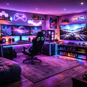 Peut inclure: Une salle de jeux moderne avec un éclairage LED violet et bleu. La pièce comprend plusieurs écrans d'ordinateur, une chaise de jeu et une borne d'arcade rétro. Une enseigne au néon indique "GAME ZONE".
