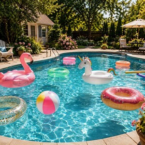 May include: A collection of inflatable pool floats and toys floating in a swimming pool, including a large pink flamingo, a white unicorn with a rainbow tail, a doughnut-shaped ring, a glittery ring, a multicoloured beach ball, and a pool noodle.