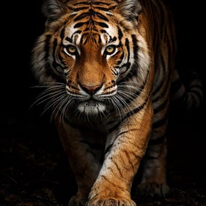 Puede incluir: Un majestuoso tigre con rayas naranjas y negras camina hacia el espectador. La mirada intensa del tigre y su pelaje detallado se destacan sobre un fondo oscuro. La imagen captura el poder y la belleza del animal.