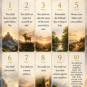 May include: A vertical poster titled The Ten Commandments, featuring ten numbered sections. Each section contains a specific commandment text in black font paired with a unique landscape illustration, including mountains, a golden calf, and trees.