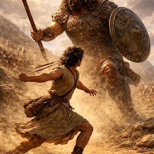 May include: An epic illustration depicts a battle scene. A large warrior in bronze armor and helmet, holding a spear and shield, faces a smaller figure in a tunic, running with a sling. The background shows a distant army and a dusty landscape.