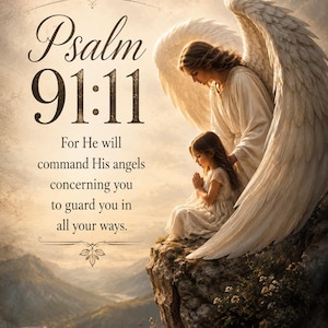 May include: A wall art print featuring the text Psalm 91:11 and the verse For He will command His angels concerning you to guard you in all your ways. The image depicts a large angel with white wings watching over a child praying on a cliff.