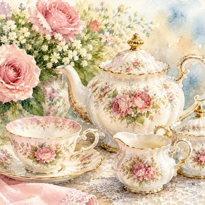 Può includere: Dipinto ad acquerello di un servizio da tè con teiera, tazza, lattiera e zuccheriera. Il set bianco presenta motivi floreali di rose rosa e dettagli dorati. Un bouquet di rose rosa e fiori bianchi è sullo sfondo.