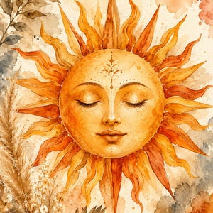 May include: Watercolor painting of a sun with a serene face, closed eyes, and detailed rays in shades of orange and yellow. The sun is the focal point, surrounded by watercolor washes and botanical elements in warm tones.
