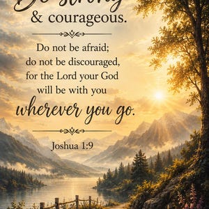 Puede incluir: Una impresión de arte mural vertical que muestra un paisaje escénico de un lago, montañas y un camino de piedra al atardecer. El texto dice: Be strong & courageous. Do not be afraid; do not be discouraged, for the Lord your God will be with you wherever you go. Joshua 1:9.