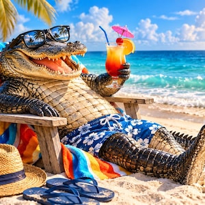 Könnte beinhalten: Ein Alligator mit schwarzer Sonnenbrille und blauer, geblümter Badehose sitzt in einem hölzernen Strandstuhl. Er hält einen tropischen Cocktail mit einem rosa Schirmchen und einer Orangenscheibe. Ein Strohhut und blaue Flip-Flops liegen im Sand.