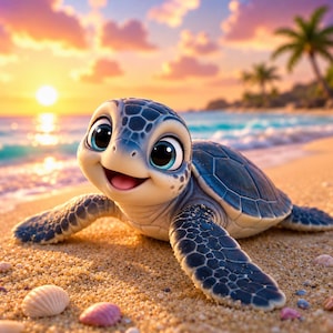 May include: A cartoon sea turtle with a smiling expression lies on a sandy beach. The turtle has a blue and grey shell, large eyes, and a pink mouth. The background features a sunset over the ocean with palm trees.