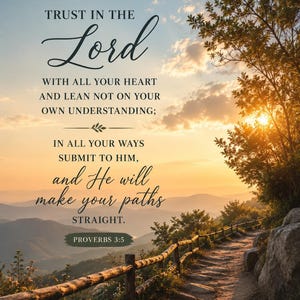 Peut inclure: Une impression de paysage montrant un chemin de terre avec une clôture en bois menant vers un coucher de soleil sur des montagnes lointaines. Le texte indique : TRUST IN THE LORD WITH ALL YOUR HEART AND LEAN NOT ON YOUR OWN UNDERSTANDING; IN ALL YOUR WAYS SUBMIT TO HIM, and He will make your paths STRAIGHT. PROVERBS 3:5.