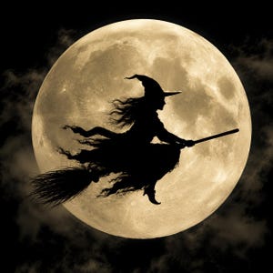 May include: A black silhouette of a figure wearing a pointed hat and flowing robes, riding a broomstick across the face of a large, textured, pale yellow full moon set against a dark, cloudy night sky background.