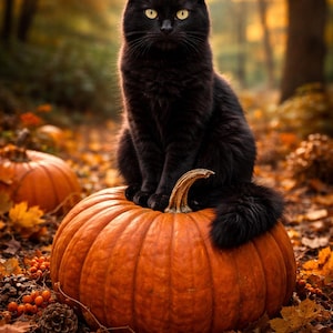 May include: A black cat with yellow eyes sits on a large orange pumpkin. The scene is set in autumn, with fallen leaves, pine cones, and berries. The background shows a blurred forest.
