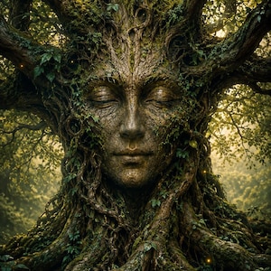May include: A sculpture of a human face integrated into the trunk of a large tree with textured bark, moss, and green leaves. The face has closed eyes and a serene expression, with thick roots forming the base and branches extending upwards.