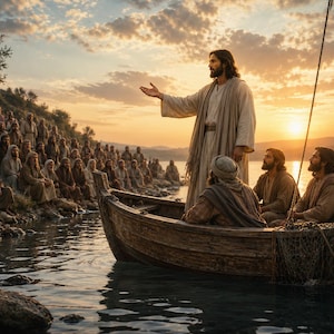 May include: A figure with long hair and a beard stands in a wooden boat, gesturing toward a large crowd gathered on the rocky shoreline. The scene is set at sunset, with warm golden light reflecting off the water and illuminating the group of people.