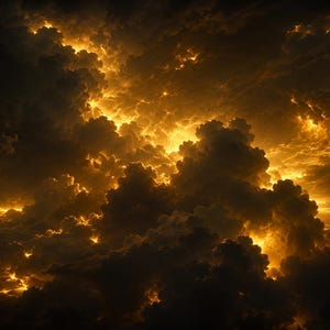 Puede incluir: Imagen dramática de un cielo tormentoso lleno de nubes oscuras y ondulantes. Una brillante luz dorada irrumpe a través de las nubes, creando un contraste llamativo de luz y sombra. El efecto general es una escena natural poderosa e impresionante.