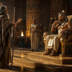 Peut inclure: Une silhouette barbue vêtue d'une robe rayée marron et beige tient un bâton en bois face à un pharaon assis sur un trône en or orné. Le pharaon porte une coiffe némès traditionnelle et des vêtements en lin blanc dans une salle en pierre.