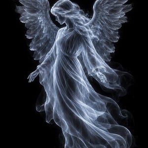 May include: A luminous, ethereal figure with large, expansive wings and a flowing, semi-transparent gown. The form is composed of swirling, smoke-like white and light blue wisps against a solid black background, creating a ghostly, radiant appearance.
