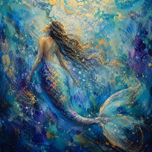 Puede incluir: Pintura artística de una sirena en tonos azules, dorados y morados. La sirena tiene pelo largo castaño y una cola azul y dorada. La obra representa a la sirena nadando en el océano con una expresión serena.