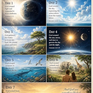 Könnte beinhalten: Ein Poster mit dem Titel The 7 Days of Creation, das sieben verschiedene Felder mit biblischen Schöpfungsereignissen zeigt. Jeder Abschnitt enthält einen beschreibenden Text und eine entsprechende Szene, von Licht bis Ruhe.