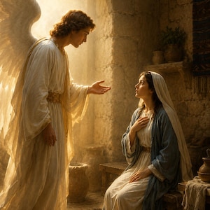 May include: An artistic depiction of an angel with large white wings, dressed in flowing white robes, speaking to a woman in a blue and white gown. The scene is set in a stone-walled room with soft lighting, evoking a sense of reverence and spirituality.