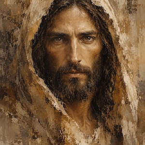 Peut inclure: Un portrait peint représentant une personne aux cheveux longs et bruns avec une barbe, portant un couvre-chef drapé. L'œuvre présente un style pictural texturé avec une palette de couleurs composée de tons terreux, crème et ocre.
