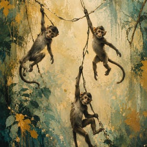 DIGITAL DOWNLOAD | Monkey Jungle Art Decor | Monkeys Swinging on Vines | Tropical Rainforest Art | Abstract Wildlife | Jungle Animal Decor