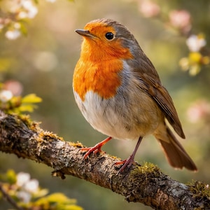 Può includere: Un pettirosso europeo posato su un ramo muschioso, con petto e testa arancioni. Sono visibili il dorso grigio e il ventre bianco dell'uccello. Sfondo sfocato con fiori primaverili.