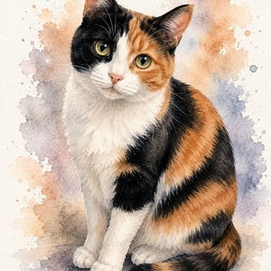 Puede incluir: Una pintura de acuarela de un gato calicó con pelaje negro, naranja y blanco. El gato está sentado en una posición orientada hacia adelante con ojos verdes y una nariz rosada. El fondo presenta lavados de acuarela suaves en tonos azul y melocotón.