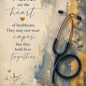 Puede incluir: Un estetoscopio azul marino y dorado descansa sobre un fondo texturizado con pinceladas doradas y grises. El texto dice: Nurses are the heart of healthcare. They may not wear capes, but they hold lives together. Delicadas ilustraciones de ramas en pan de oro enmarcan la composición.