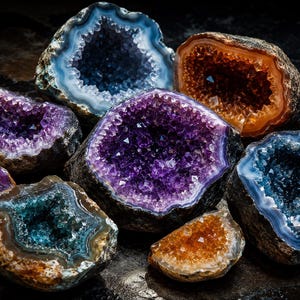 May include: A collection of geodes with vibrant crystal formations. The geodes display a variety of colors, including deep purple, bright blue, and warm orange, set against a dark background. The crystals sparkle, showcasing natural beauty.
