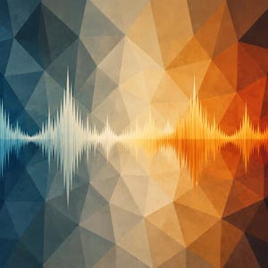 May include: A digital graphic featuring a central horizontal sound wave pattern that transitions from cool blue tones on the left to warm orange and red tones on the right, set against a background of dark geometric triangles in shades of blue and orange.