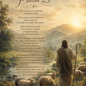 May include: A wall art print featuring Psalm 23 text overlaid on a landscape scene. A figure in robes holds a wooden staff, standing near a flock of sheep in a green valley with a river, mountains, and a bright sunrise in the background.