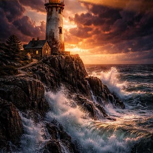 May include: A coastal scene featuring a weathered lighthouse atop rocky cliffs, illuminated by a bright light. The sky is filled with dramatic orange and dark clouds, and waves crash against the rocks. A small building sits at the base of the lighthouse.