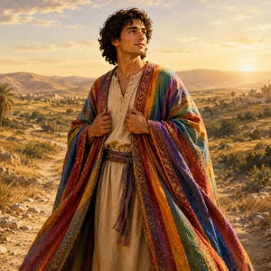 May include: A person wearing a colorful, striped robe with a beige tunic and a brown belt. The robe features a vibrant array of colors, including red, orange, yellow, green, blue, and purple. The background shows a desert landscape with palm trees and a setting sun.
