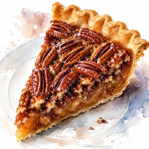 Puede incluir: Ilustración en acuarela de una porción de tarta de nueces pecanas sobre un plato blanco. La tarta presenta una corteza dorada y ondulada, una cobertura brillante de nueces pecanas y un relleno ámbar. Estilo artístico.