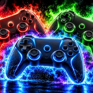 Könnte beinhalten: Drei kabellose Videospiel-Controller in dreieckiger Anordnung, jeweils umgeben von leuchtenden, lebendigen Flammen in Rot, Grün und Blau. Die Controller verfügen über Standard-Steuerkreuze, zwei Analogsticks und verschiedene Aktionstasten.