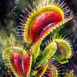 May include: A watercolor painting of a Venus flytrap plant featuring multiple open traps with vibrant red interiors and bright yellow-green edges. The traps are lined with sharp, thin, protruding cilia against a dark, moody, abstract background.