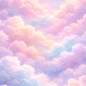 Puede incluir: Un cielo de ensueño en tonos pastel lleno de nubes esponjosas en tonos rosa, melocotón, lavanda y azul claro. Pequeñas estrellas salpican la escena, creando una atmósfera suave y etérea.