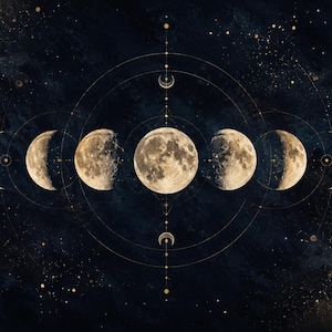 Puede incluir: Una ilustración horizontal de las fases lunares sobre un fondo cósmico azul marino oscuro y negro. La secuencia muestra siete etapas lunares distintas, incluida una luna llena central, rodeadas de finas líneas geométricas doradas y estrellas.